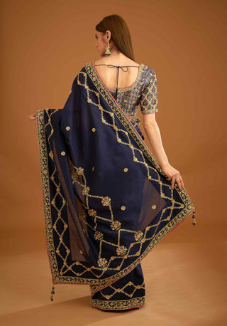 Shyam Narayan Prasad-Dark Navy Blue Zardozi Sari And Blouse-INDIASPOPUP.COM