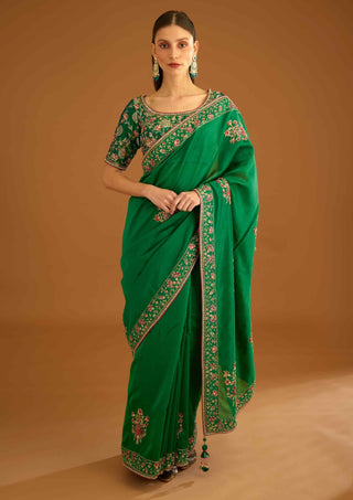 Shyam Narayan Prasad-Alpine Green Zardozi Sari And Blouse-INDIASPOPUP.COM
