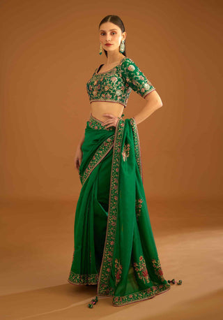Shyam Narayan Prasad-Alpine Green Zardozi Sari And Blouse-INDIASPOPUP.COM