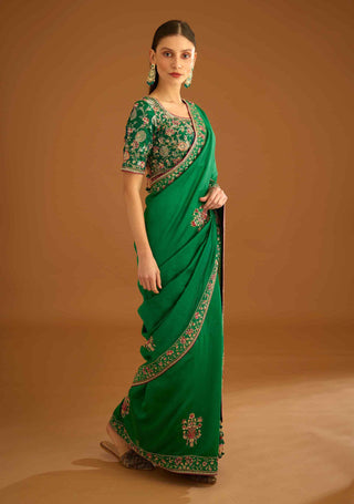 Shyam Narayan Prasad-Alpine Green Zardozi Sari And Blouse-INDIASPOPUP.COM