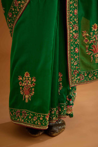 Shyam Narayan Prasad-Alpine Green Zardozi Sari And Blouse-INDIASPOPUP.COM