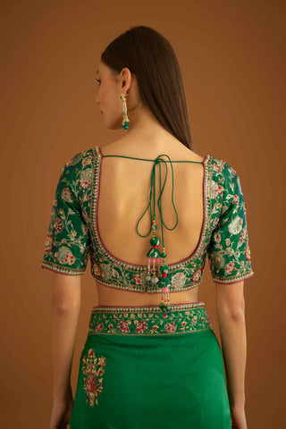 Shyam Narayan Prasad-Alpine Green Zardozi Sari And Blouse-INDIASPOPUP.COM