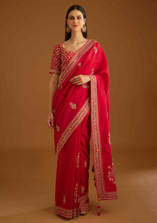 Shyam Narayan Prasad-Red Zardozi Embroidery Sari And Blouse-INDIASPOPUP.COM