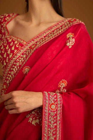 Shyam Narayan Prasad-Red Zardozi Embroidery Sari And Blouse-INDIASPOPUP.COM