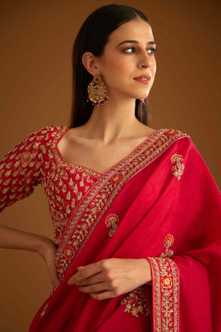 Shyam Narayan Prasad-Red Zardozi Embroidery Sari And Blouse-INDIASPOPUP.COM