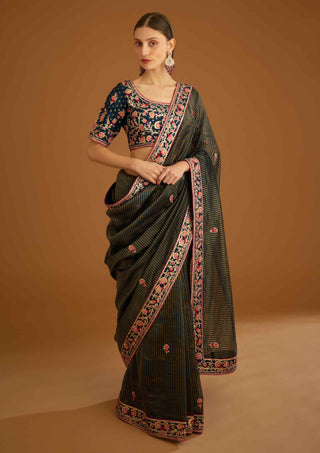 Shyam Narayan Prasad-Dark Navy Blue Gota Sari And Blouse-INDIASPOPUP.COM