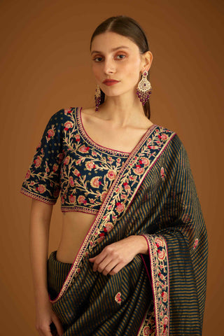 Shyam Narayan Prasad-Dark Navy Blue Gota Sari And Blouse-INDIASPOPUP.COM