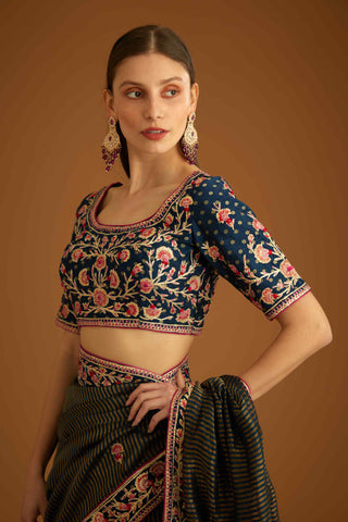 Shyam Narayan Prasad-Dark Navy Blue Gota Sari And Blouse-INDIASPOPUP.COM