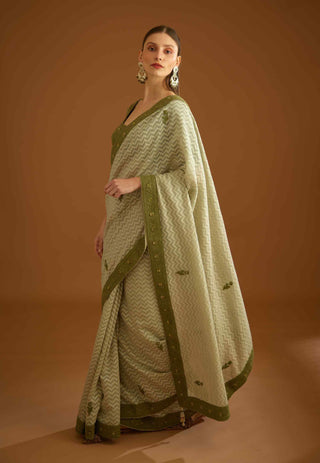 Shyam Narayan Prasad-Garden Green Sari And Blouse-INDIASPOPUP.COM