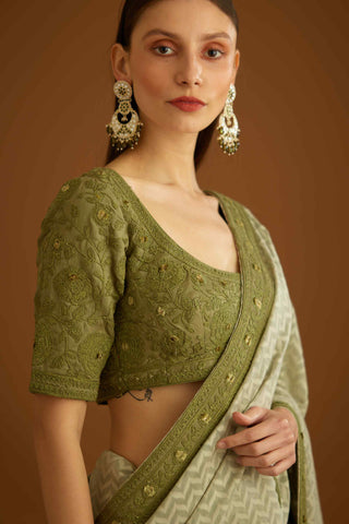 Shyam Narayan Prasad-Garden Green Sari And Blouse-INDIASPOPUP.COM