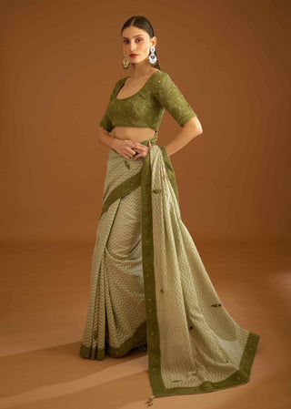 Shyam Narayan Prasad-Garden Green Sari And Blouse-INDIASPOPUP.COM