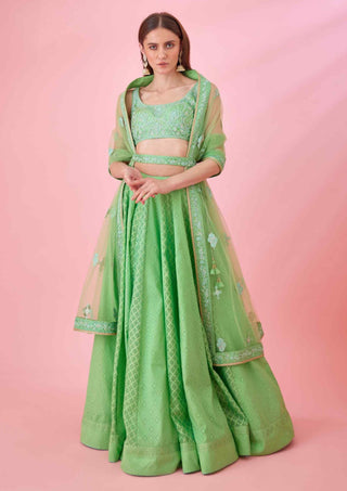 Shyam Narayan Prasad-Irish Green Threadwork Lehenga Set-INDIASPOPUP.COM
