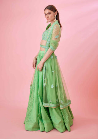 Shyam Narayan Prasad-Irish Green Threadwork Lehenga Set-INDIASPOPUP.COM