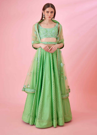 Shyam Narayan Prasad-Irish Green Threadwork Lehenga Set-INDIASPOPUP.COM