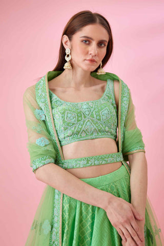 Shyam Narayan Prasad-Irish Green Threadwork Lehenga Set-INDIASPOPUP.COM