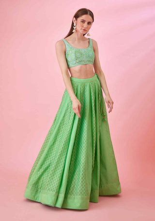 Shyam Narayan Prasad-Irish Green Threadwork Lehenga Set-INDIASPOPUP.COM