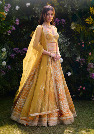 Apricot Yellow Embroidered Lehenga Set by Shyam Narayan Prasad, available on Indiaspopup.com
