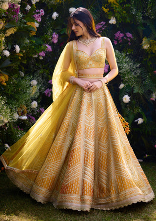 Apricot Yellow Embroidered Lehenga Set by Shyam Narayan Prasad, available on Indiaspopup.com