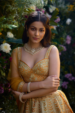 Apricot Yellow Embroidered Lehenga Set by Shyam Narayan Prasad, available on Indiaspopup.com