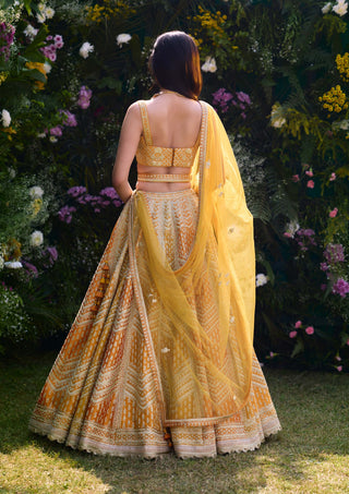 Apricot Yellow Embroidered Lehenga Set by Shyam Narayan Prasad, available on Indiaspopup.com