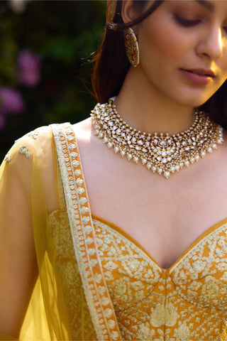 Apricot Yellow Embroidered Lehenga Set by Shyam Narayan Prasad, available on Indiaspopup.com