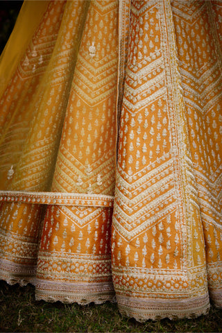 Apricot Yellow Embroidered Lehenga Set by Shyam Narayan Prasad, available on Indiaspopup.com