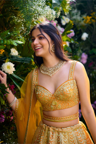 Apricot Yellow Embroidered Lehenga Set by Shyam Narayan Prasad, available on Indiaspopup.com