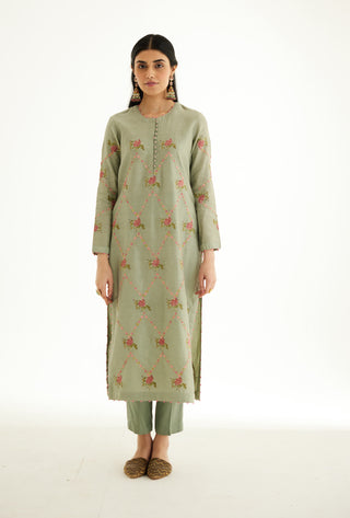 Shyam Narayan Prasad-Basil Green Zardozi Embroidered Kurta Set-INDIASPOPUP.COM