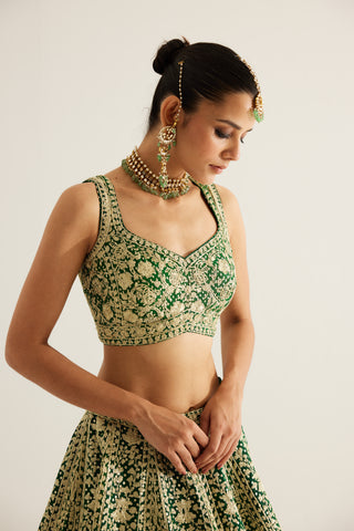 Shyam Narayan Prasad-Verdant Green Zari Embroidered Lehenga Set-INDIASPOPUP.COM