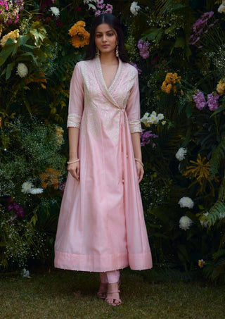 Powder Pink Angrakha Kurta And Pants by Shyam Narayan Prasad, available on Indiaspopup.com