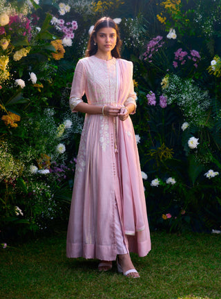 Whisper Pink Anarkali Set by Shyam Narayan Prasad, available on Indiaspopup.com