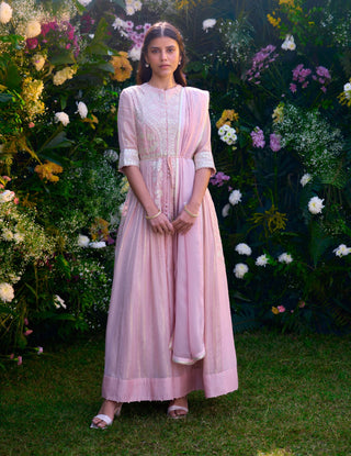 Whisper Pink Anarkali Set by Shyam Narayan Prasad, available on Indiaspopup.com