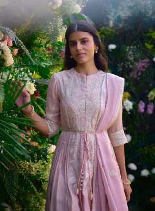 Whisper Pink Anarkali Set by Shyam Narayan Prasad, available on Indiaspopup.com