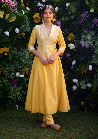 Saffron Angrakha Kurta And Pants by Shyam Narayan Prasad, available on Indiaspopup.com
