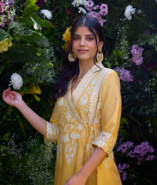 Saffron Angrakha Kurta And Pants by Shyam Narayan Prasad, available on Indiaspopup.com