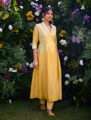 Saffron Angrakha Kurta And Pants by Shyam Narayan Prasad, available on Indiaspopup.com