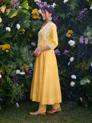 Saffron Angrakha Kurta And Pants by Shyam Narayan Prasad, available on Indiaspopup.com