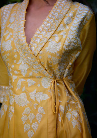 Saffron Angrakha Kurta And Pants by Shyam Narayan Prasad, available on Indiaspopup.com