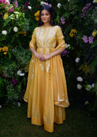 Saffron Embroidered Anarkali Set by Shyam Narayan Prasad, available on Indiaspopup.com
