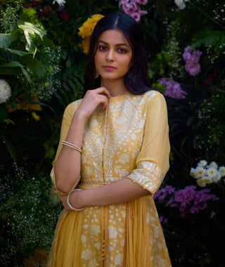 Saffron Embroidered Anarkali Set by Shyam Narayan Prasad, available on Indiaspopup.com