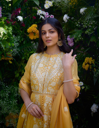 Saffron Embroidered Anarkali Set by Shyam Narayan Prasad, available on Indiaspopup.com