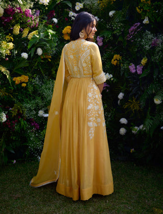 Saffron Embroidered Anarkali Set by Shyam Narayan Prasad, available on Indiaspopup.com