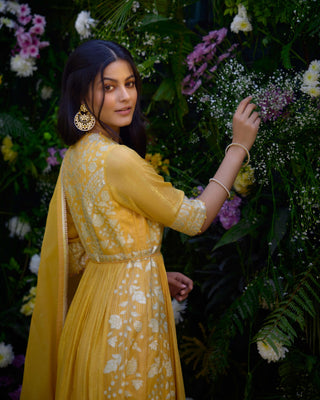 Saffron Embroidered Anarkali Set by Shyam Narayan Prasad, available on Indiaspopup.com