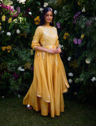 Saffron Embroidered Anarkali Set by Shyam Narayan Prasad, available on Indiaspopup.com