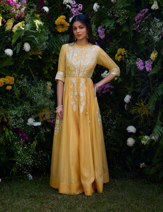 Saffron Embroidered Anarkali Set by Shyam Narayan Prasad, available on Indiaspopup.com