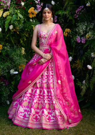 Fuchsia Pink Embroidered Lehenga Set by Shyam Narayan Prasad, available on Indiaspopup.com