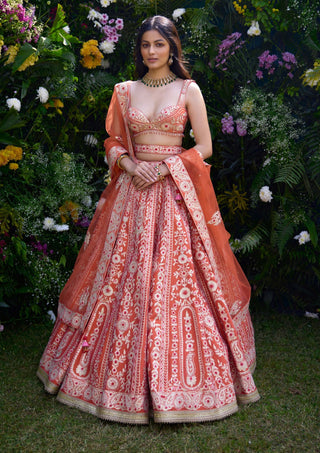 Vermillion Orange Embroidered Lehenga Set by Shyam Narayan Prasad, available on Indiaspopup.com