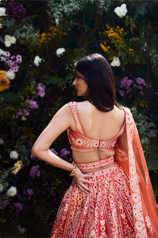 Vermillion Orange Embroidered Lehenga Set by Shyam Narayan Prasad, available on Indiaspopup.com