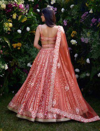 Vermillion Orange Embroidered Lehenga Set by Shyam Narayan Prasad, available on Indiaspopup.com