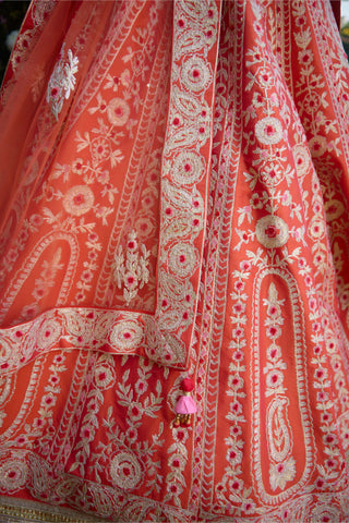 Vermillion Orange Embroidered Lehenga Set by Shyam Narayan Prasad, available on Indiaspopup.com